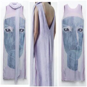 NWOT Zara Lilac Blue Face Print Midi Dress and Scarf Size Small